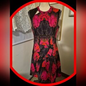 Nanette Lepore Floral Mid Lenth Gattherd & Draped Dress w/ Leather Cut Out